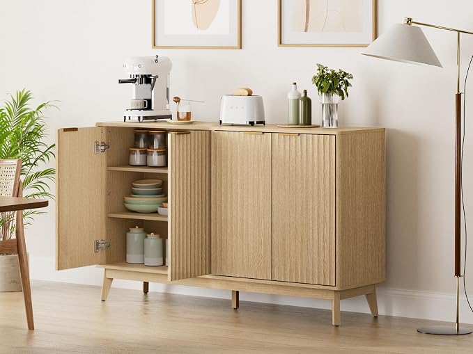 Sideboard Cabinet, 55'' Buffet Cabinet, Modern Fluted Storage Cabinet with Adjustable Shelf & Doors, Accent Credenza Sideboard for Kitchen, Coffee Bar, Living Room, Entryway, Hallway