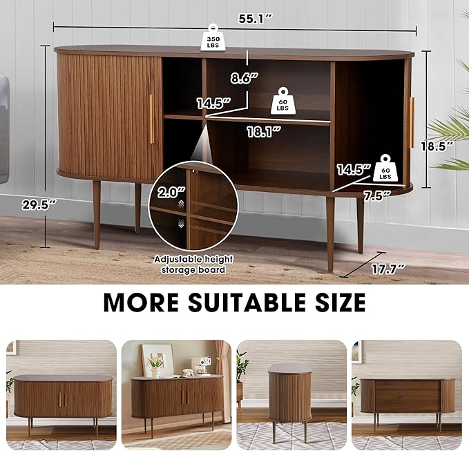 Grepatio Sideboard Buffet Cabinet with Storage, 55" Tambour Credenza Cabinet with Fluted Slide Door and Adjustable Shelves, Wood Console Cabinets for Bedroom Living Room Hallway Entryway (Brown)