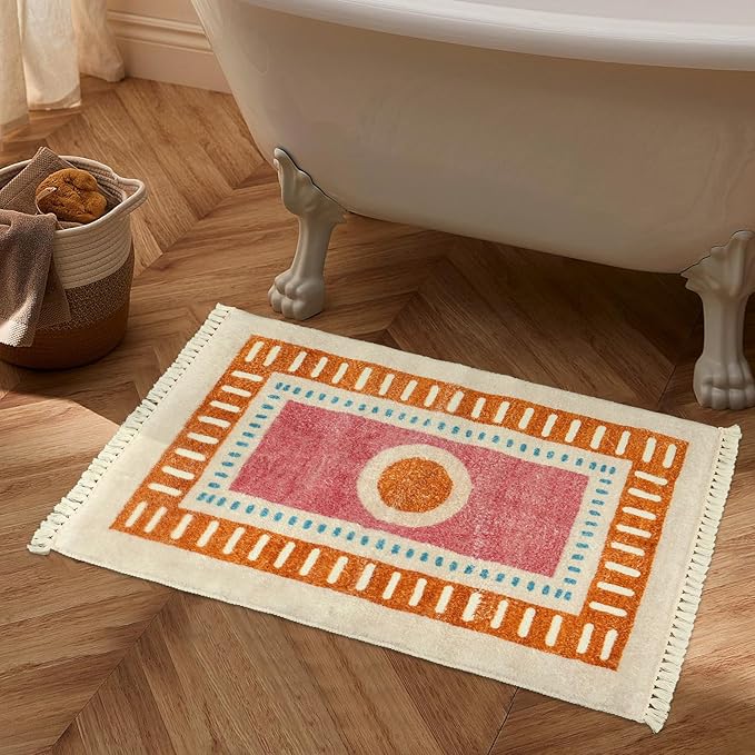 Lukinbox Boho Bathroom Rugs with Fringes, 2x3 Small Washable Sun Area Rug for Bedroom, Ultra Soft Non-Slip Orange Rainbow Throw Rug for Kids Room Entryway Kitchen Door Mat