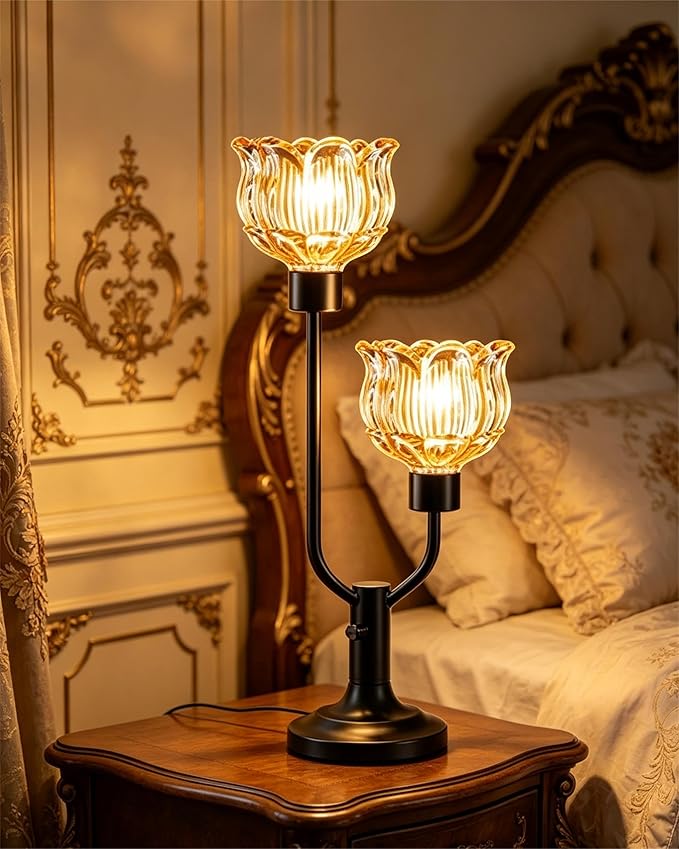Lightdot Mid Century Modern Table Lamp for Living Room Dimmable Black Flower Desk Lamp Amber Glass Vintage Nightstand Lamp 2 Bulbs Included Warmwhite Ambient Bedside Lamp for Bedroom Home Office Decor
