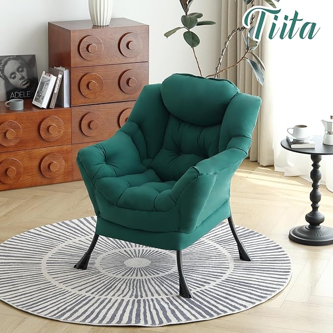 Tiita Lazy Chair, Green Modern Large Accent Armchair, Comfy Leisure Sofa Reading Chair for Bedroom, Living Room, Dorm Rooms, Garden and Courtyard, Green