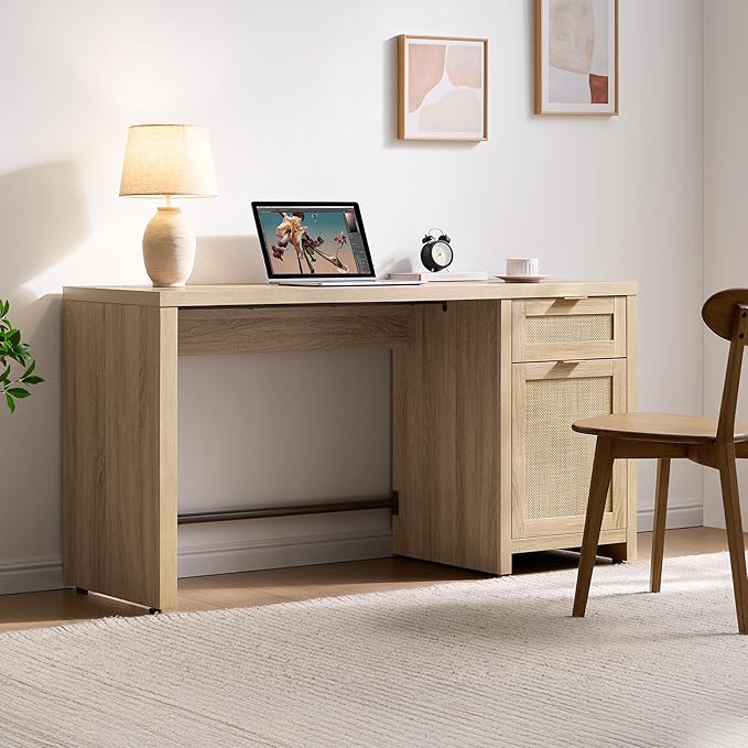 SICOTAS Rattan Home Office Desk with Drawer, 59" Farmhouse Boho Executive Desk with Storage Cabinet, Large Computer Writing Table Vanity Desk for Office, Study, Living Room, Light Oak