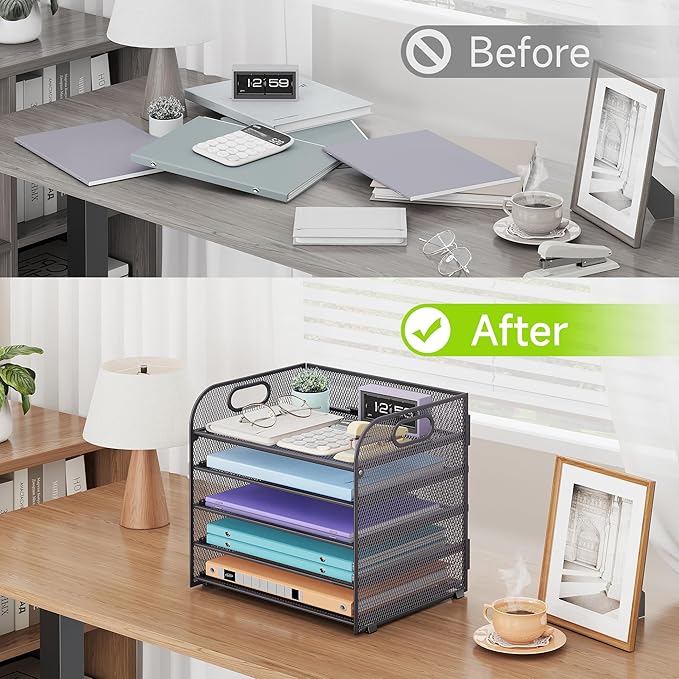 5 Tier Paper Organizer with Handle, Grey Metal Mesh Desk Organizer File Folder Paper Letter Tray Desktop Document Sorter for Classroom, School, Office Accessories Organization and Storage