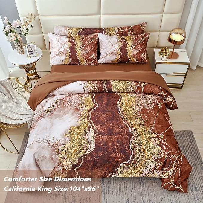 PERFEMET 6 Pcs Marble Comforter Set California King Watercolor Tie Dye Printing Bedding with Sheets Abstract Artwork Brown and Gold Bed in A Bag Complete Set(Coffee Brown, Cal King)