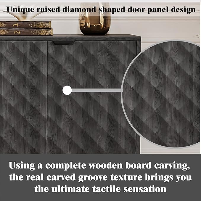 62'' Diamond Flute Sideboard Buffet Cabinet, Diamond Shaped Relief Storage Cabinet with Adjustable Shelves, Accent for Living Room, Entryway,Hallway (Advanced Black Wood Grain)