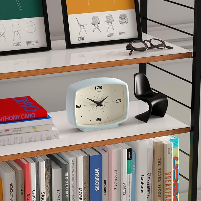 JONES CLOCKS® Film Desk Clock | Retro Rectangular Design | Pale Blue | Retro Design, Blending mid-Century Style with a Punchy Modern Finish for Shelf, Table, Mantel or Bedside