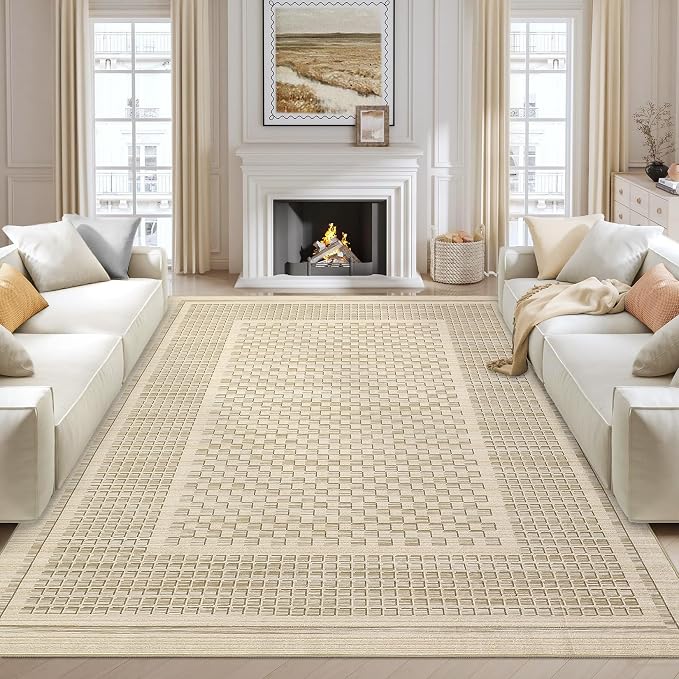 Washable Area Rugs 8x10 Rug for Living Room Modern Bedroom Rug Plaid Farmhouse Large Area Rug Non Slip Throw Rugs Soft Low Pile Stain Resistant Carpet for Dining Room 8'x10' Beige