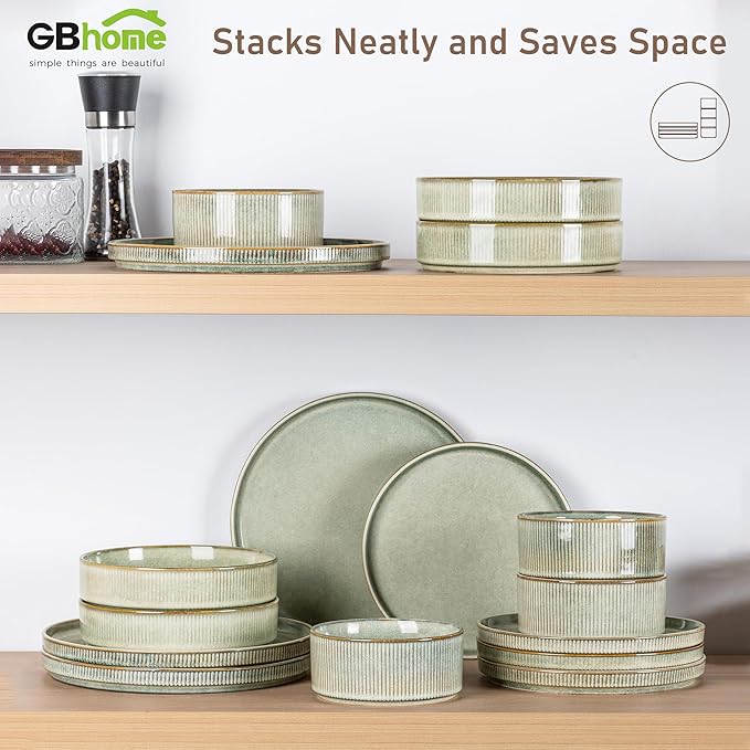 GBHOME 18-Piece Stoneware Dinnerware Set for 6 – Ribbed Ceramic Plates and Bowls, Scratch-Resistant, Microwave & Dishwasher Safe, Reactive Glaze, Desert Sage