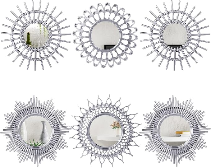 Namalu 6 Pcs Mirrors - Small Circle Sun Mirrors for Decorative Wall Art - Entryway, Bathroom, Bedroom, Living Room (Silver, Classic)