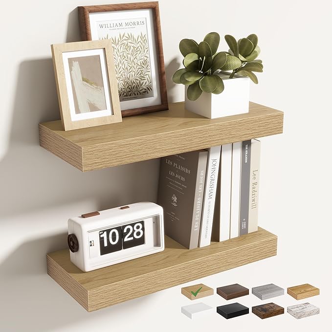 16 Inch Floating Shelves for Wall 2 Pack, 16" Wall Shelves for Books, Storage, Decor, Wall Mounted Floating Shelf with Invisible Brackets for Kitchen, Living Room, Oak