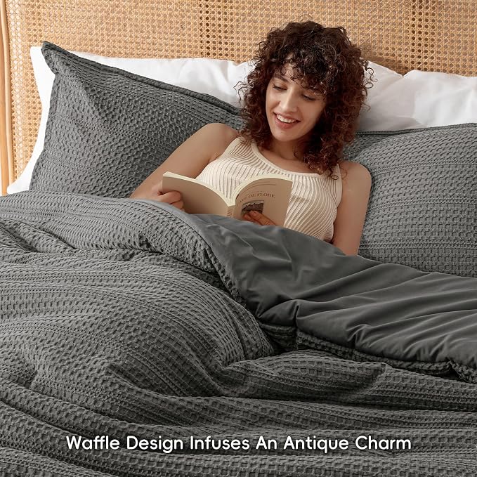 PHF Soft Waffle Comforter Set Twin Size- Comfy Breathable Waffle Weave Comforter with 1 Pillow Shams, 2 Pieces Less Snagging Lightweight Textured Bedding Set for All Season, Grey