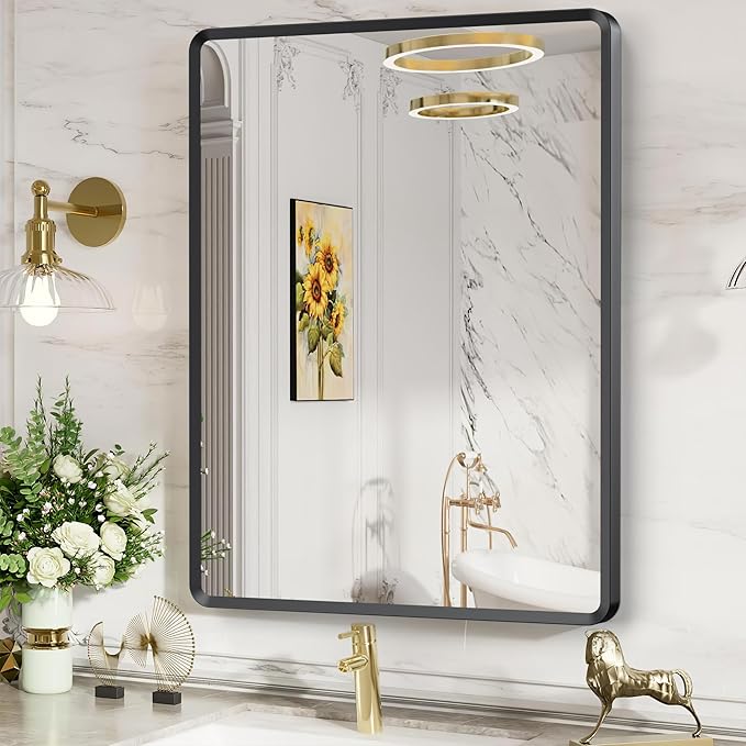Black Bathroom Mirror 28x36 inch, Rounded Rectangle Metal Framed Vanity Wall Mirror, HD Tempered Glass, Horizontal or Vertical Hanging