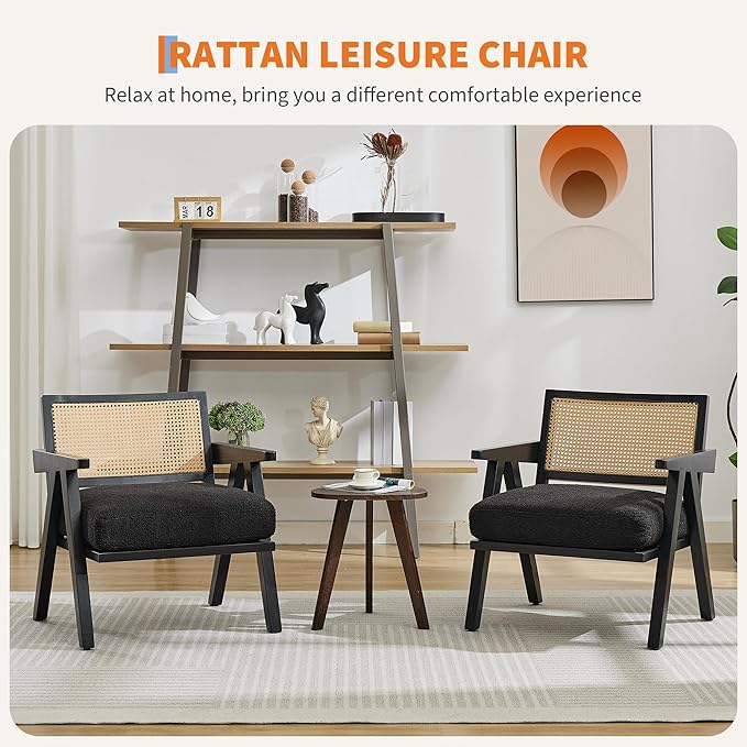 Mid Century Modern Accent Chair, Comfy Living Room Chairs with Sturdy Wood Legs, Rattan Backrest & Beige Thick Linen Cushion, Armchair for Bedroom Balcony Apartment, Black