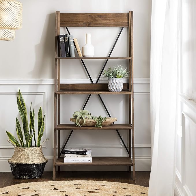 Walker Edison X Back Modern Farmhouse Wood Bookcase Bookshelf Home Office Living Room Storage, 4 Shelves, Brown