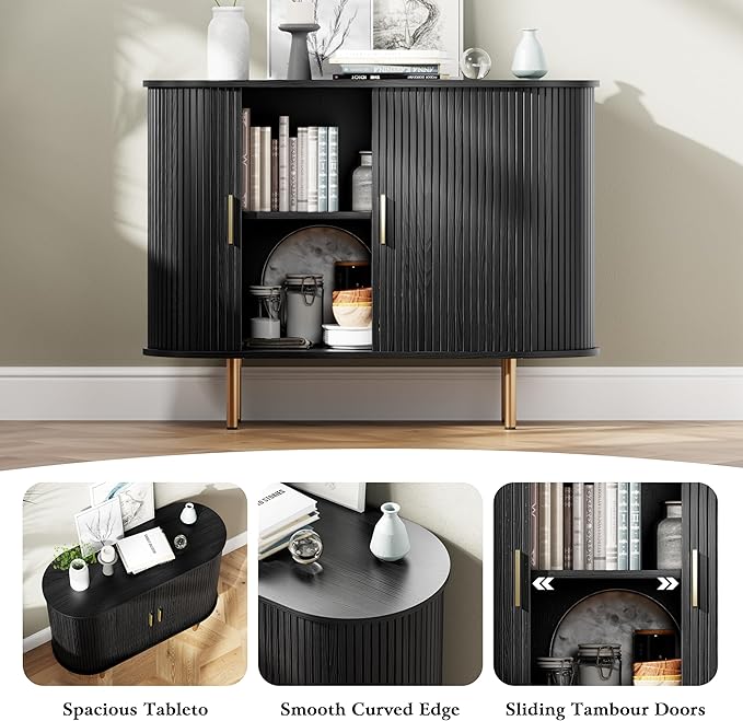 DHH Sideboard Buffet Cabinet with Storage,Mid Century Modern Fluted Accent Coffee Bar Console Table,Tambour Sliding Doors& Adjustable Shelf for Kitchen, Living Room, Entryway (Black, 40 Inch)