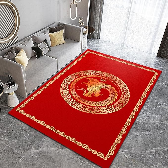 New Year Christmas Red Art Area Rug, Classic Chinese Luxury Golden Dragon Rug, Soft Foldable Non Slip Breathable Foldable Carpets for Living Room Bedroom Entryway Hotel Office Kitchen 4x6ft