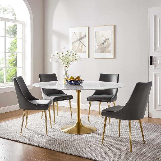 Modway Lippa 60" Mid-Century Dining Table with Round Artificial Marble Top in Gold White