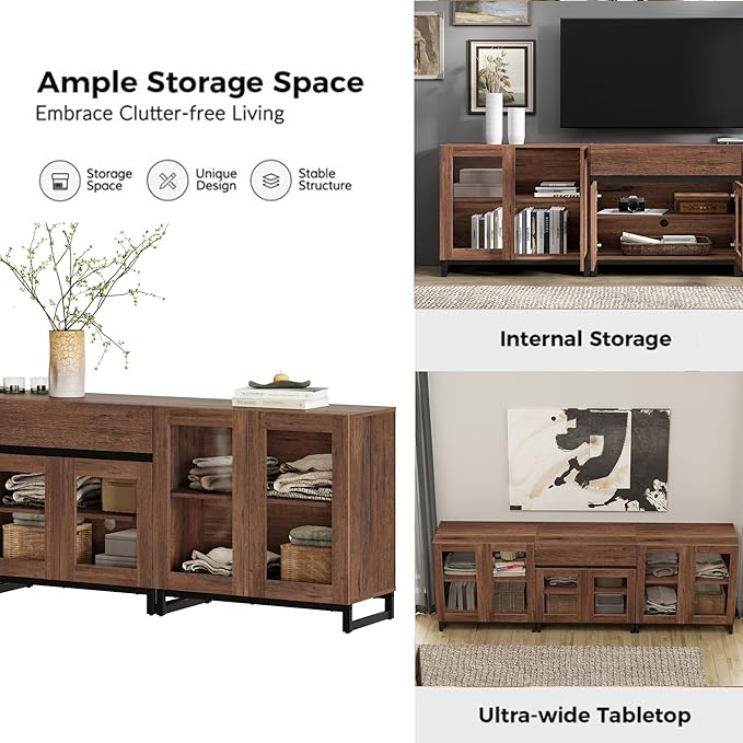 WAMPAT 3 in 1 Modern Sideboard with Adjustable Shelves and Drawer,Storage Cabinet with Glass Doors, Coffee Bar Cabinet for Living Room, Kitchen, Brown