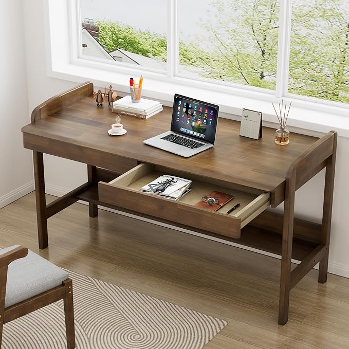 100% Solid Wood Desk with Drawers - 48 Inch Mid Century Modern Desk, Vintage Desks with Storage Shelf, Adjustable Height Writing Computer Desks with Cable Hole, Walnut Color