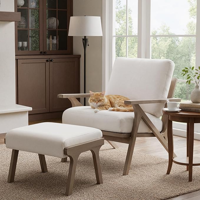 HNY Mid Century Modern Accent Chair with Ottoman, Farmhouse Linen Upholstered Living Room Armchair and Ottoman Set, 23" Seat Wide Retro Leisure Lounge Chair with Wood Frame for Home, Bedroom, White
