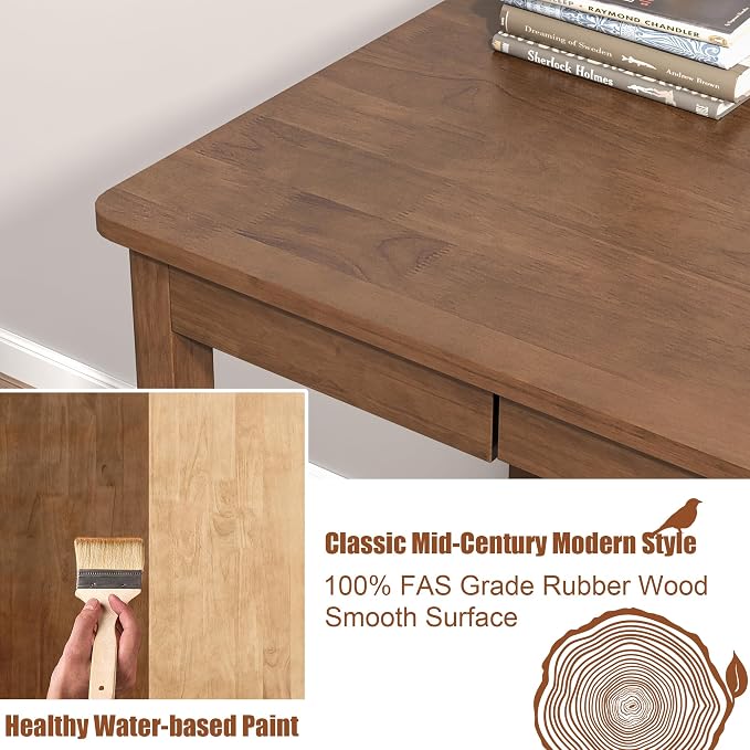 Solid Wood Desk with Keyboard Tray - 48 Inch Mid Century Modern Writing Desk, Computer Desks with Keyboard Tray, Simple Study Table Home Office Desks for Bedroom|Small Spaces-Walnut Color