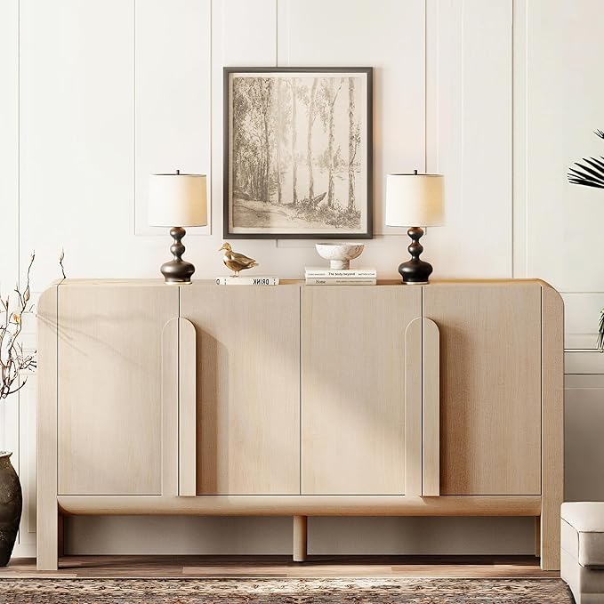 WAMPAT 63" W Large Buffet Sideboard Cabinet with Storages, Modern Buffet Table Coffee Bar Wine Bar Storage Curved Cabinet with 4 Doors for Dining Room, Living Room, Kitchen, Light Oak