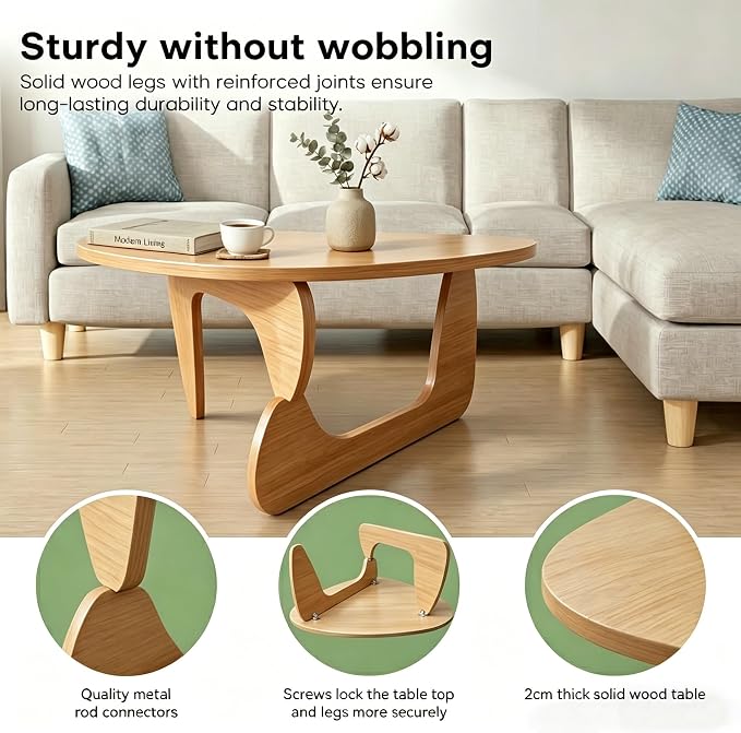 Solid Wood Coffee Table, Mid-Century Modern Triangle Center Table for Living Room, Irregular Natural Wood Tea Table, 43.3" L x 27.5" W x 16.5" H