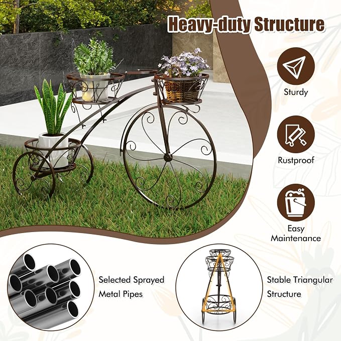 Giantex Metal Bicycle Planter, 3 Tier Tricycle Flower Plant Stand w/ 3 Decorative Wheels, Parisian Style Flower Display Stand Cart for Home Decor Patio Garden Flower Shop Indoor Outdoor (Bronze)