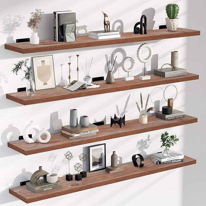 48-Inch Solid Brown Floating Shelves Set of 4-Rustic Farmhouse Wall Shelves with 100 lb Capacity, Heavy Duty Easy Install for Bathroom, Kitchen, Living Room&Home Decor
