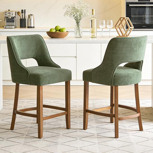 ClinQ Bar Stools Set of 2, 26" H Counter Height Bar Stools with Backs, Modern Upholstered Accent Barstools with Curved Footrest for Kitchen Island, Dining Room and Bar, Green-Walnut Legs