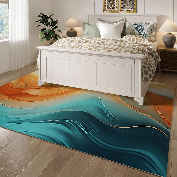 Orange Teal Area Rug for Living Room 8'x10', Turquoise Marble Decorative Washable Rug Non Slip Indoor Dining Floor Carpet for Bedroom Office, Teal Gold Living Room Decor