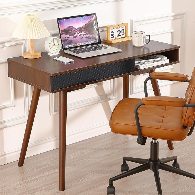 GAOMON Modern Simple Home Office Desk, Mid Century Modern Computer Writing Desk with Drawer Solid Wood Legs and Open Storage Cubby, Small Vanity Table Desk for Bedroom (Walnut)