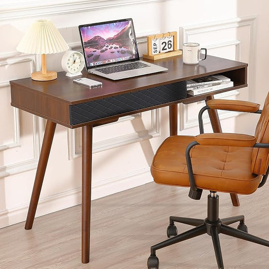 GAOMON Modern Simple Home Office Desk, Mid Century Modern Computer Writing Desk with Drawer Solid Wood Legs and Open Storage Cubby, Small Vanity Table Desk for Bedroom (Walnut)