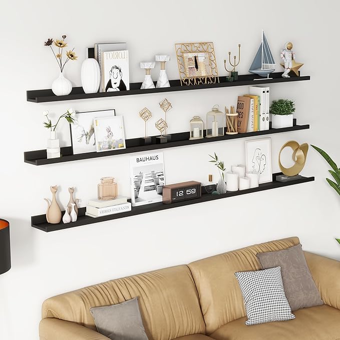 Axeman 72 Inch Floating Shelves | Black Picture Ledge Shelf Set of 3 | Rustic Wood Wall Shelves with Lip | 72" Black Picture Shelf for Wall with Ledge | Photo Shelves