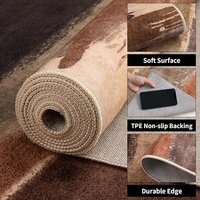Ciicool 8ft Round Washable Rug, Modern Abstract Circle Rugs, Non-Slip Thin Lightweight Rug Brown Black Circular Print Distressed Carpet for Bedroom Living Room Under Dining Table Home Office Decor