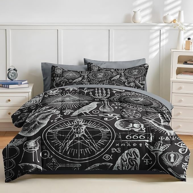 Nesker Comforter Set Queen Size, Vintage Halloween 7 Pcs Bedding for Kids and Adults, Mysticism Alchemy Bed Sheet Sets with Fitted Sheet 2 Pillowcases & 2 Shams