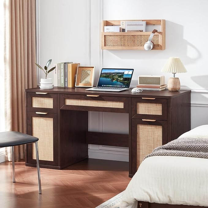 LEYAOYAO Office Desk 56" with 5 Drawers Storage File Cabinet Rattan Wood Desk for Computer Office Bedroom Home Furniture Dark Walnut
