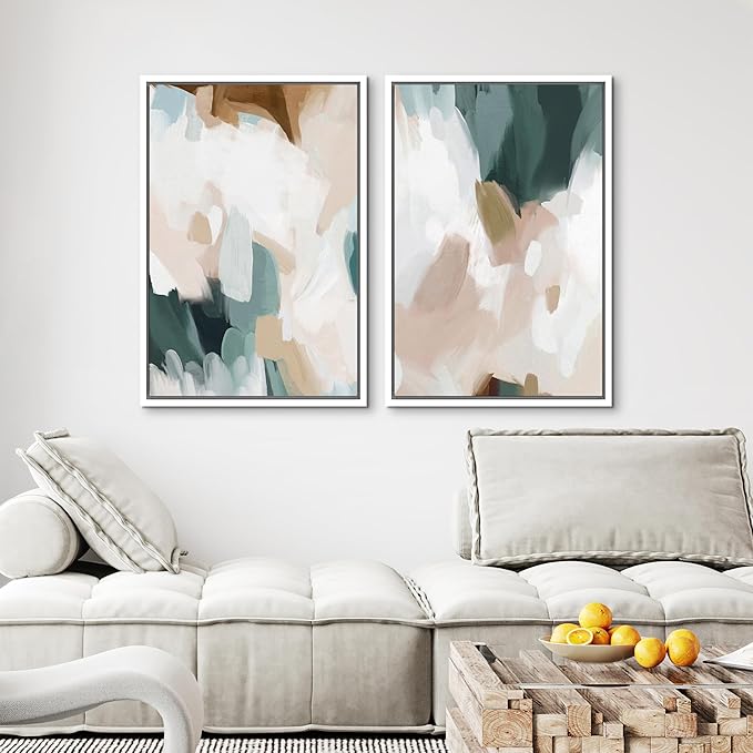 MUDECOR Framed Canvas Print Wall Art Watercolor Pastel White Blue Pattern Abstract Illustrations Modern Art Decorative Bohemian Colorful Chic for Living Room, Bedroom, Office - 24"x36"x2 White