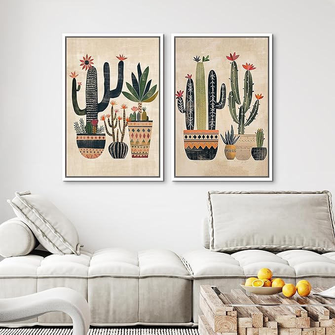 MUDECOR Framed Canvas Print Wall Art Set Mexican Cactus Tropical Botanical llustrations Modern Art Decorative Bohemian Calm/Zen for Living Room, Bedroom, Office - 16"x24"x2 White