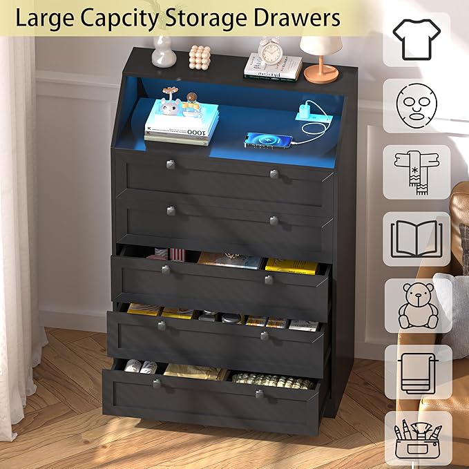 Black Dresser Tall 5 Drawer Dresser for Bedroom, Wood Chest of Drawers with LED Lights, Charging Station, Metal Handles, Modern Storage Cabinet and Organizer Drawers for Living Room, Hallway