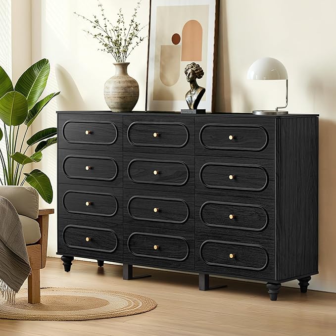 ORRD 12 Drawer Fluted Dresser for Bedroom, Mid Century Modern Chest of Drawers, Wood Storage Small Dresser Organizer for Bedroom Living Room Hallway Closet, Black