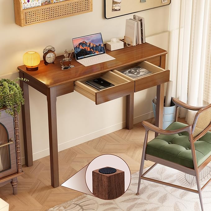 Solid Wood Desk with Drawers - 39" Narrow Desks, Small Wooden Writing Desk for Bedroom, Mid Century Modern Vintage Computer Desks, Study Table for Home Office, Walnut