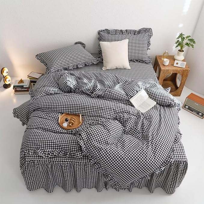 mixinni Black White Gingham Ruffle Duvet Cover Queen Size 3 Pieces – 100% Washed Cotton, Vintage Plaid Ruffled Bedding Set with Zipper Ties, Soft Checkered Grid Farmhouse Chic Comforter Cover Set