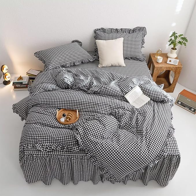 mixinni Black White Gingham Ruffle Duvet Cover Full Size 3 Pieces – 100% Washed Cotton, Vintage Plaid Ruffled Bedding Set with Zipper Ties, Soft Checkered Grid Farmhouse Chic Comforter Cover Set