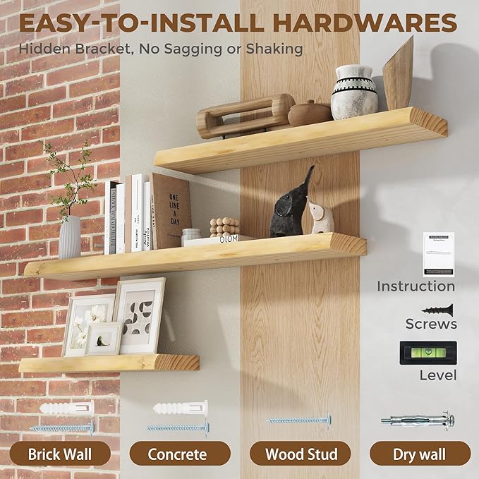 RICHFOCUS Live Edge Wood Floating Shelves for Wall 24" Natural Solid Wood Wall Mounted Shelf|8 Inch Deep Wooden Floating Shelves with Invisible Bracket for Bathroom Kitchen Room|2Pcs, Natural