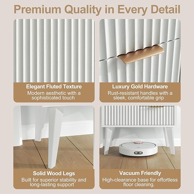 White Bathroom Floor Cabinet with 3 Fluted Drawers & Door, Modern Storage Sideboard with Open Shelf, Coffee Bar Station for Living Room, Entryway, 23.6 x 11.8 x 34.6 Inches