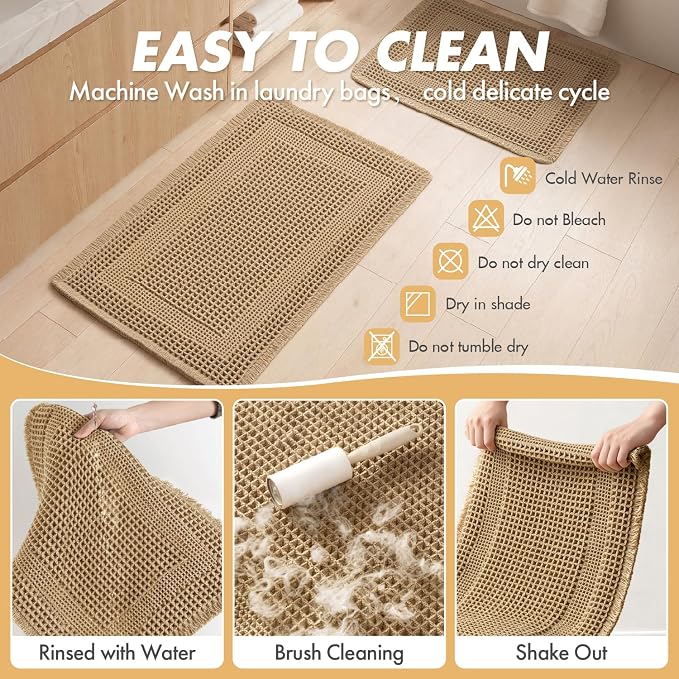 MIULEE Set of 2 Waffle Bathroom Rugs, Boho Bath Rug Super Absorbent, Non Slip Washable Ultra Soft Rubber Backed Shower Bath Mats for Floor, Tub, Shower, Looped Design, Brown, 17x24 Inch