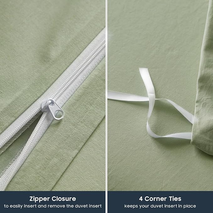 Wake In Cloud - Cotton Duvet Cover Set, 100% Washed Cotton, Linen Like Textured, Breathable Durable Comfy Farmhouse Neutral Bedding Set, 3 Pieces, Sage Green, Twin/Twin XL Size