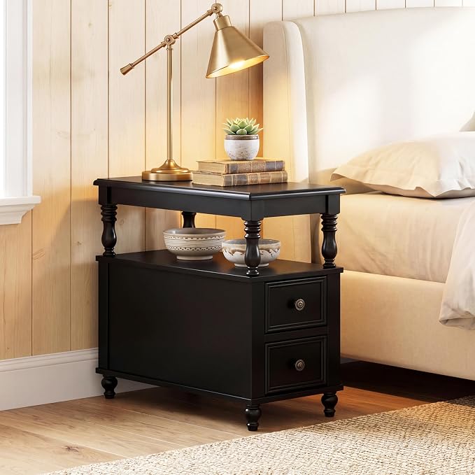 Tribesigns Solid Wood End Table, Vintage Side Table with 2 Drawers & 2-Tier Open Shelf, Mid-Century Nightstand, Slim Bedside Table for Small Space, Bedroom, Living Room, Black