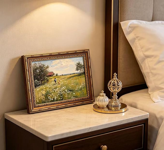 Vintage Gold Framed Wall Art Dog and Boy Landscape Painting Canvas Prints Retro Country Farmhouse Prints Artwork Rustic Wildflower Meadow Wall Decor for Kids Bedroom Living Room Decor 9x11in